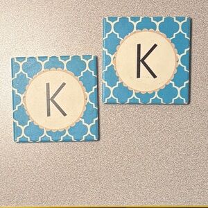Set of 2 absorbing Stone Coasters Monogram K, geometric pattern